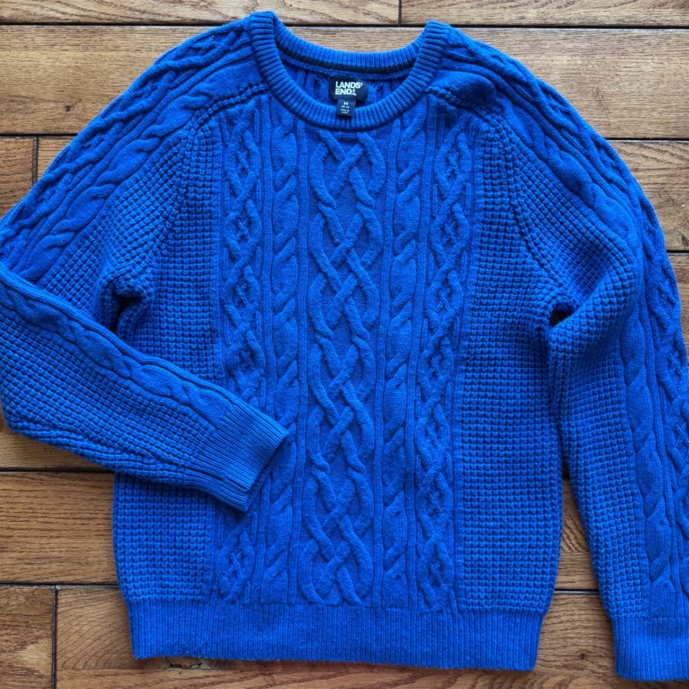 Lands' End Mens M Lighthouse Cable Waffle Knit Crewneck Wool Blend Sweater Blue